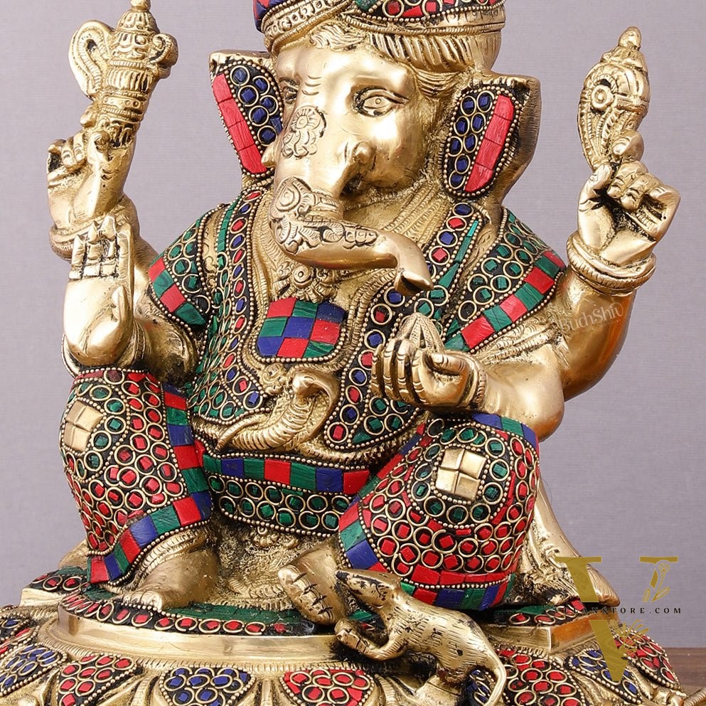 Brass Superfine Handcrafted Lord Ganesha Idol with Pagadi - 11" Meenakari Stonework