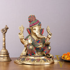 Brass Superfine Handcrafted Lord Ganesha Idol with Pagadi - 11" Meenakari Stonework