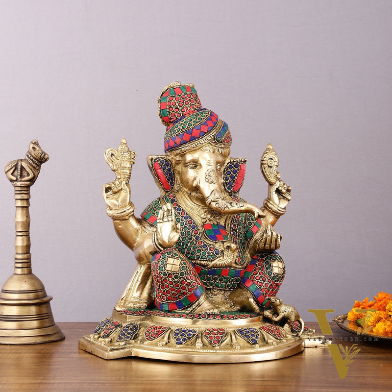 Brass Superfine Handcrafted Lord Ganesha Idol with Pagadi - 11" Meenakari Stonework