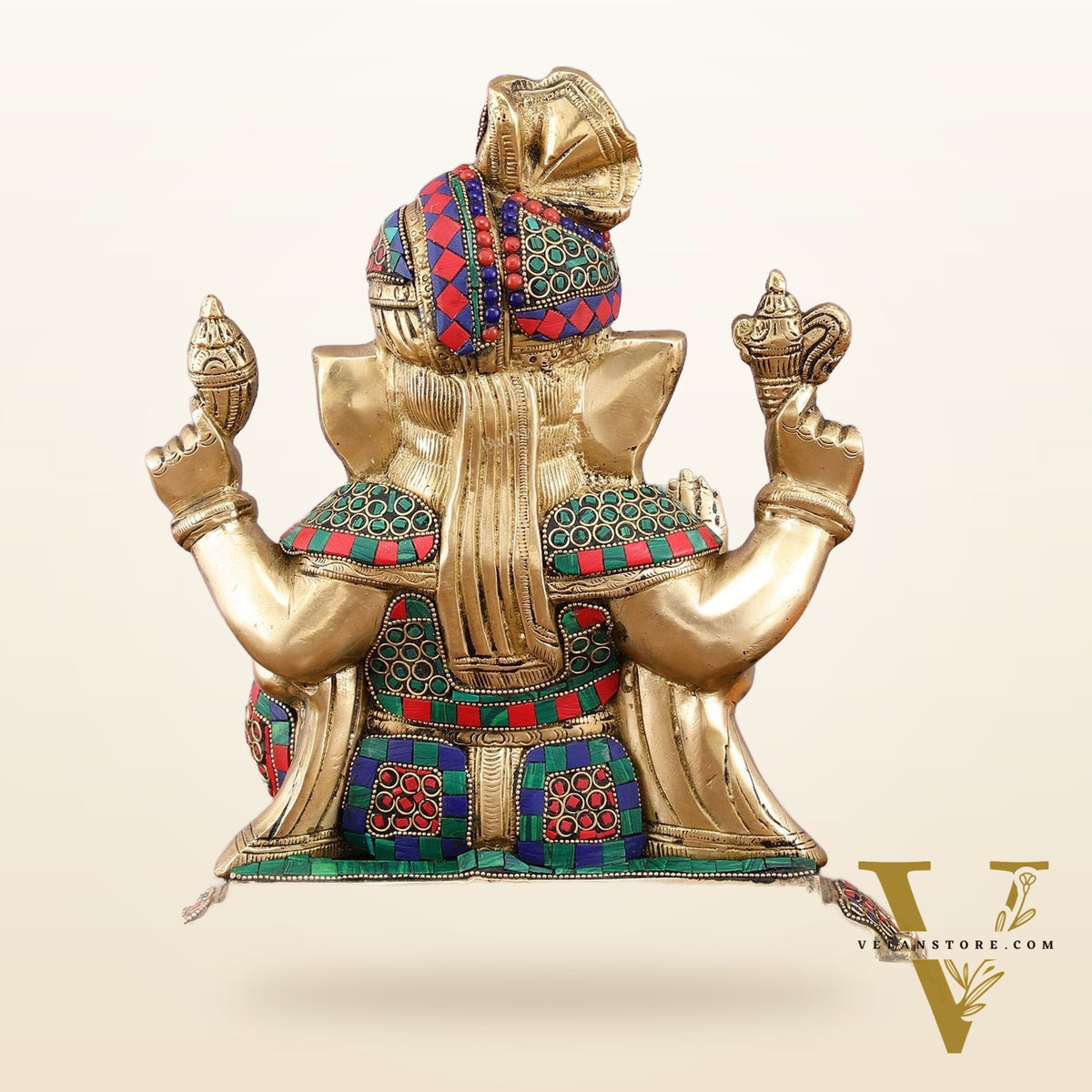 Brass Superfine Handcrafted Lord Ganesha Idol with Pagadi - 11" Meenakari Stonework