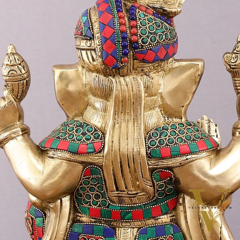 Brass Superfine Handcrafted Lord Ganesha Idol with Pagadi - 11" Meenakari Stonework