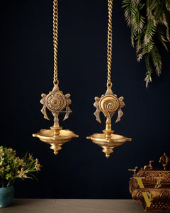 Brass Superfine Hanging Shankh and Chakra Lamps