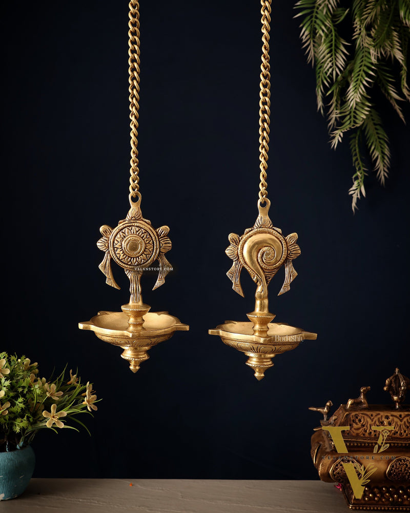 Brass Superfine Hanging Shankh and Chakra Lamps