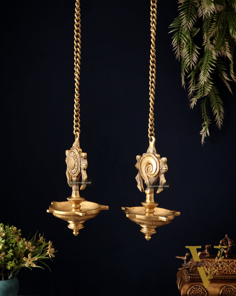 Brass Superfine Hanging Shankh and Chakra Lamps