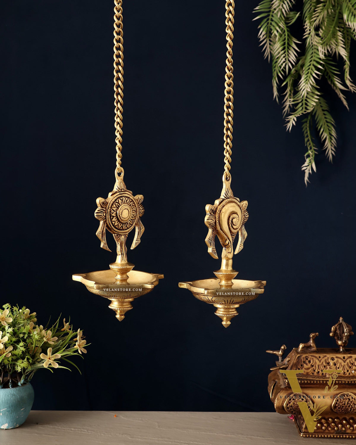 Brass Superfine Hanging Shankh and Chakra Lamps