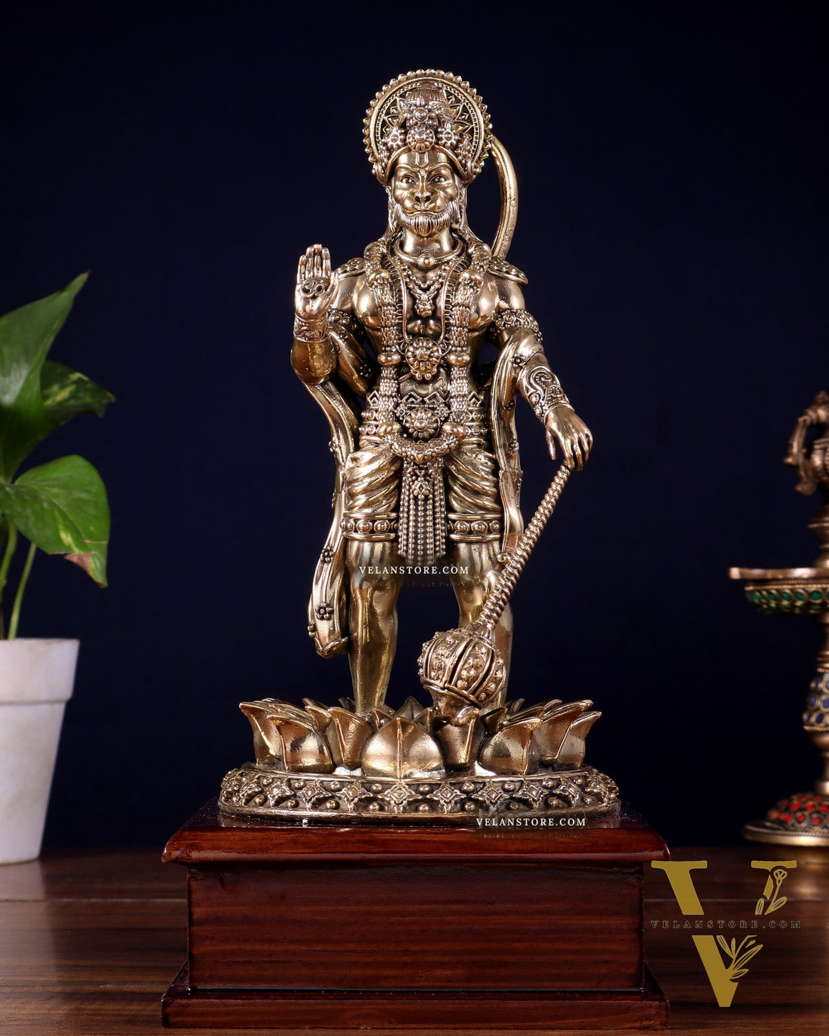 Brass Superfine Hanuman Standing on Lotus – Wooden Base (10.5 Inch)