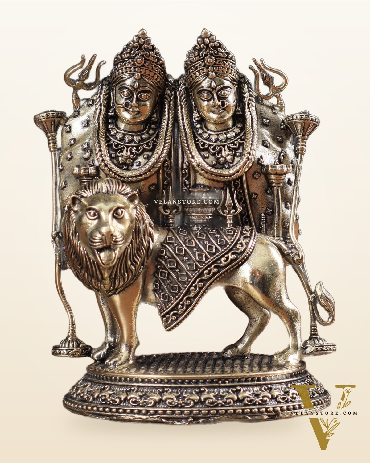 Brass Superfine Intricate Kaila Devi Chamunda Mata on Lion Idol 4.5"