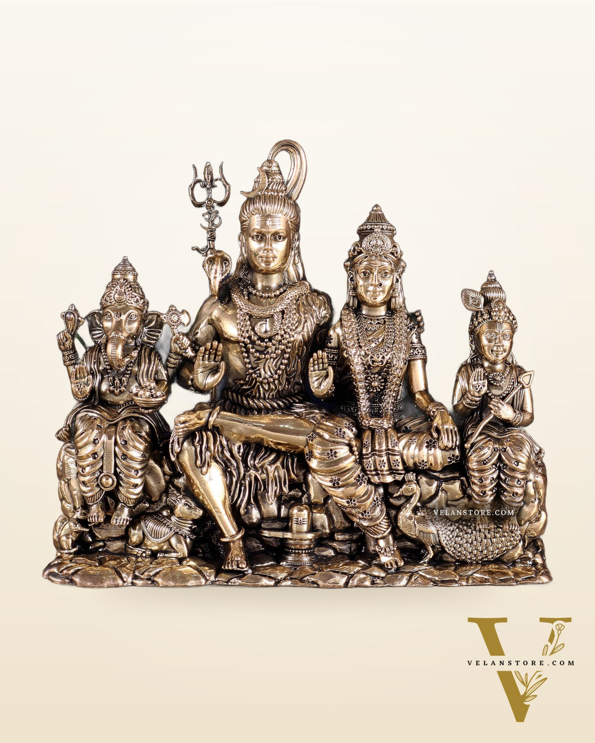 Brass Superfine Intricate Large Shiva Parivar Idol with Nandi, Peacock, Shivling & Mouse 7"