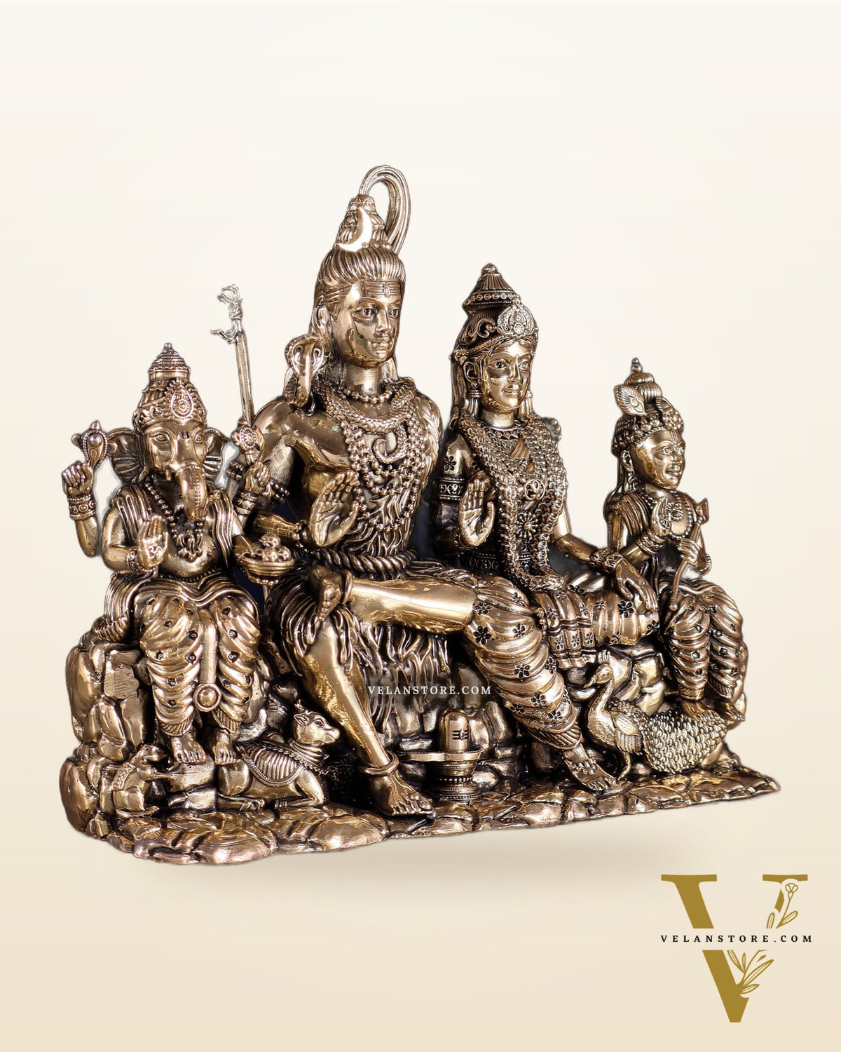 Brass Superfine Intricate Large Shiva Parivar Idol with Nandi, Peacock, Shivling & Mouse 7"