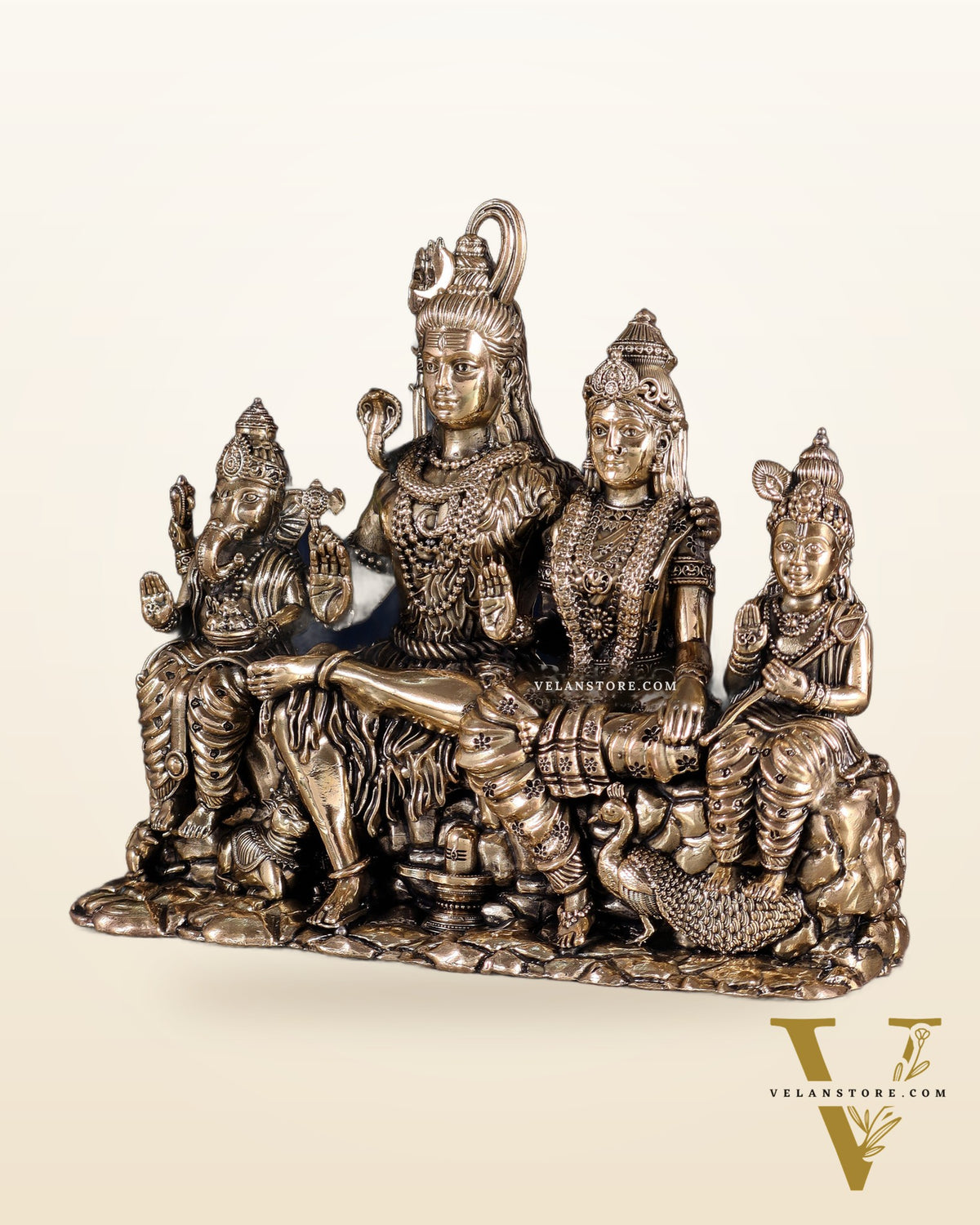 Brass Superfine Intricate Large Shiva Parivar Idol with Nandi, Peacock, Shivling & Mouse 7"
