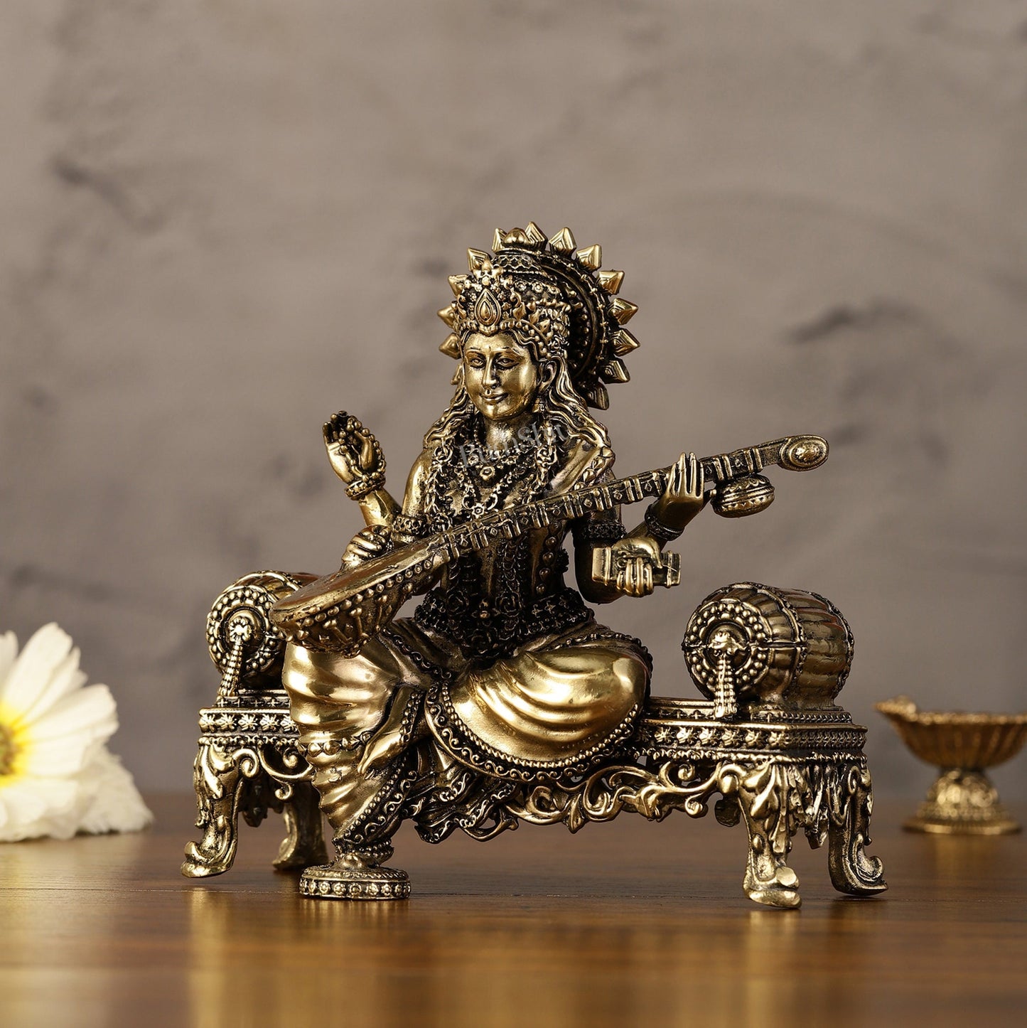 Brass Superfine Intricate Lightweight Goddess Saraswati Idol - 5.5"