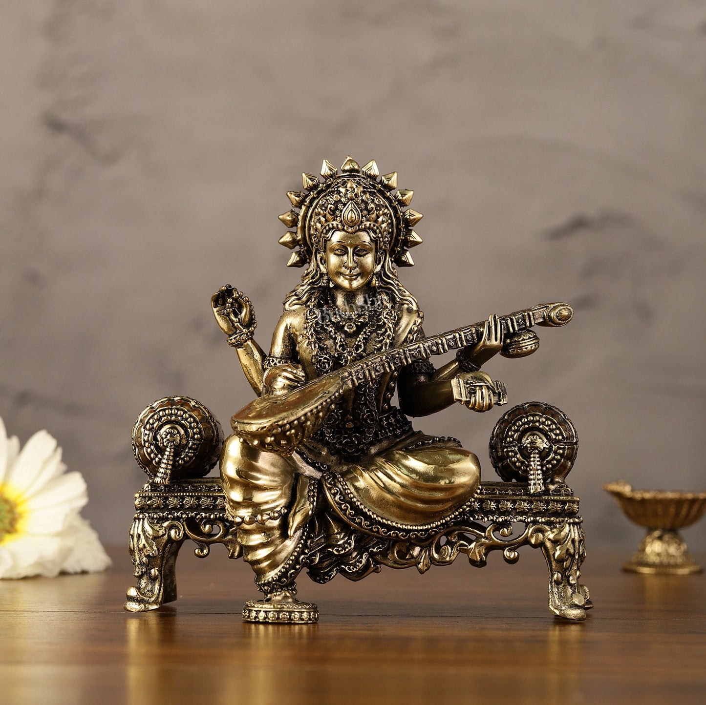 Brass Superfine Intricate Lightweight Goddess Saraswati Idol - 5.5"