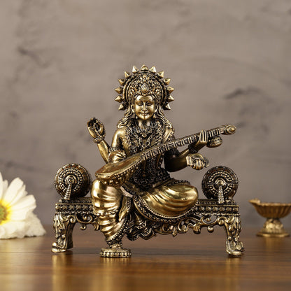 Brass Superfine Intricate Lightweight Goddess Saraswati Idol - 5.5"