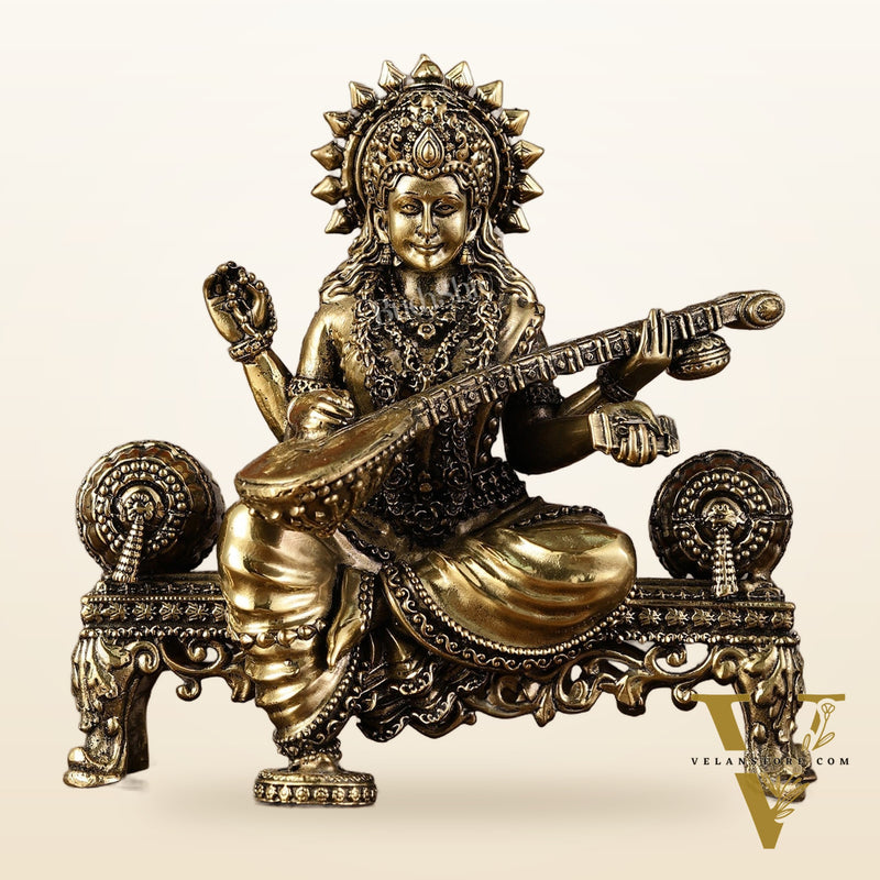 Brass Superfine Intricate Lightweight Goddess Saraswati Idol - 5.5"