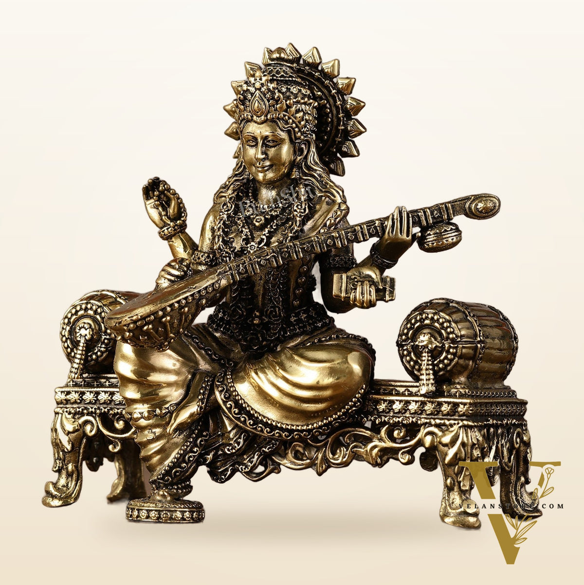 Brass Superfine Intricate Lightweight Goddess Saraswati Idol - 5.5"