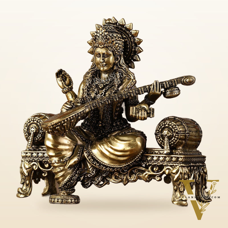 Brass Superfine Intricate Lightweight Goddess Saraswati Idol - 5.5"
