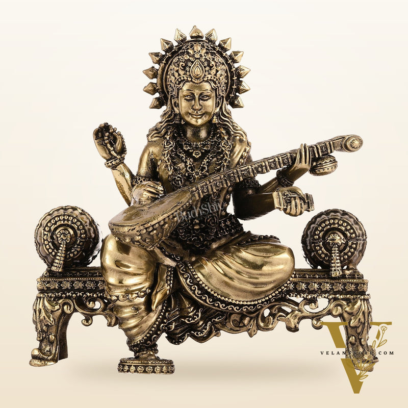 Brass Superfine Intricate Lightweight Goddess Saraswati Idol - 5.5"