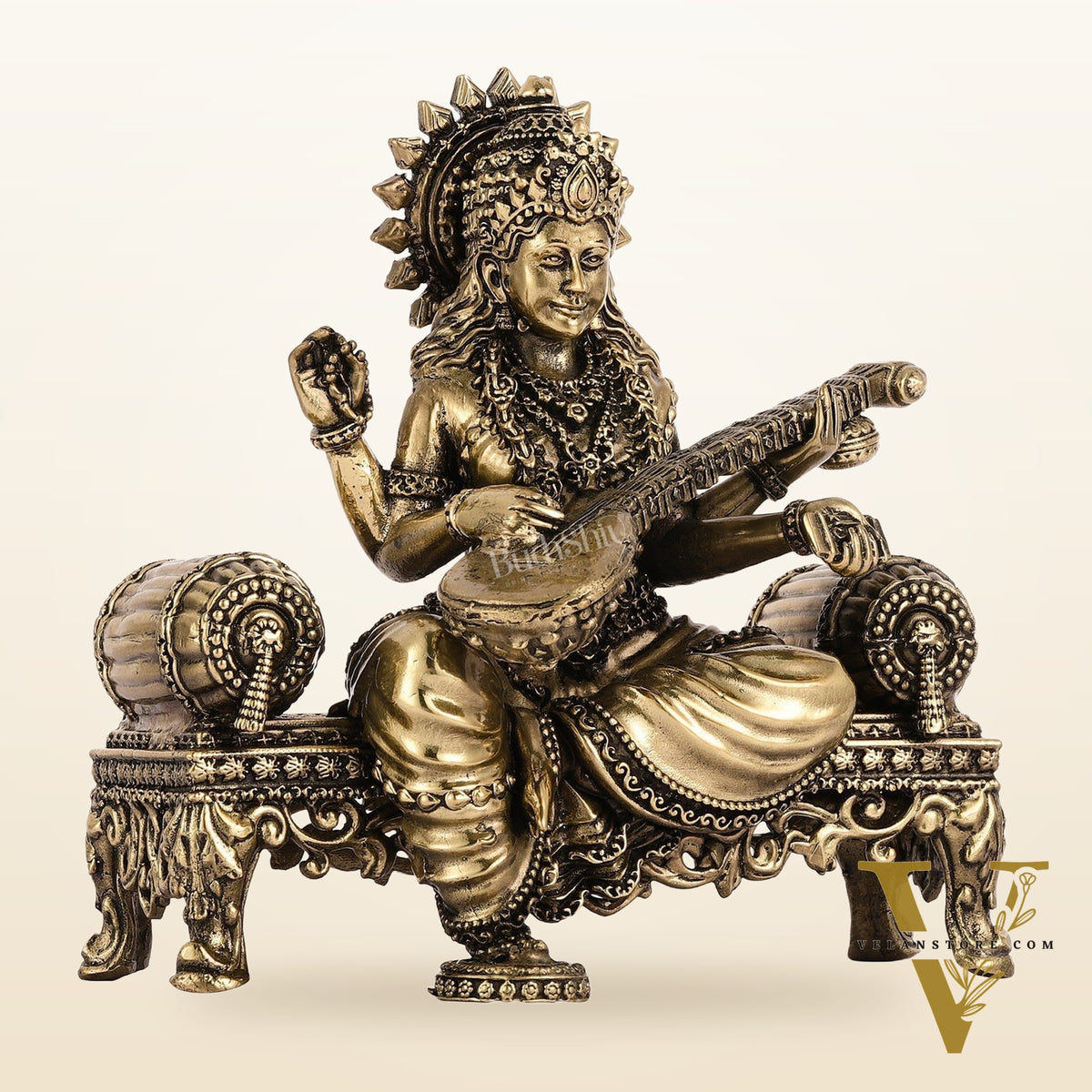 Brass Superfine Intricate Lightweight Goddess Saraswati Idol - 5.5"