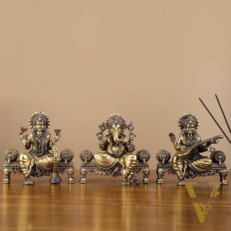 Brass Superfine Intricate Lightweight Idols - Ganesha, Saraswati, Lakshmi | 5.5"