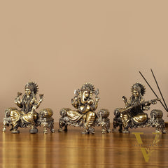 Brass Superfine Intricate Lightweight Idols - Ganesha, Saraswati, Lakshmi | 5.5"