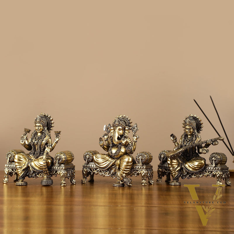 Brass Superfine Intricate Lightweight Idols - Ganesha, Saraswati, Lakshmi | 5.5"