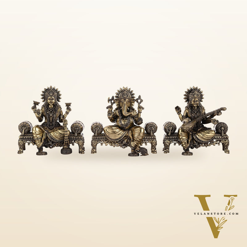 Brass Superfine Intricate Lightweight Idols - Ganesha, Saraswati, Lakshmi | 5.5"