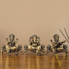 Brass Superfine Intricate Lightweight Idols - Ganesha, Saraswati, Lakshmi | 5.5"