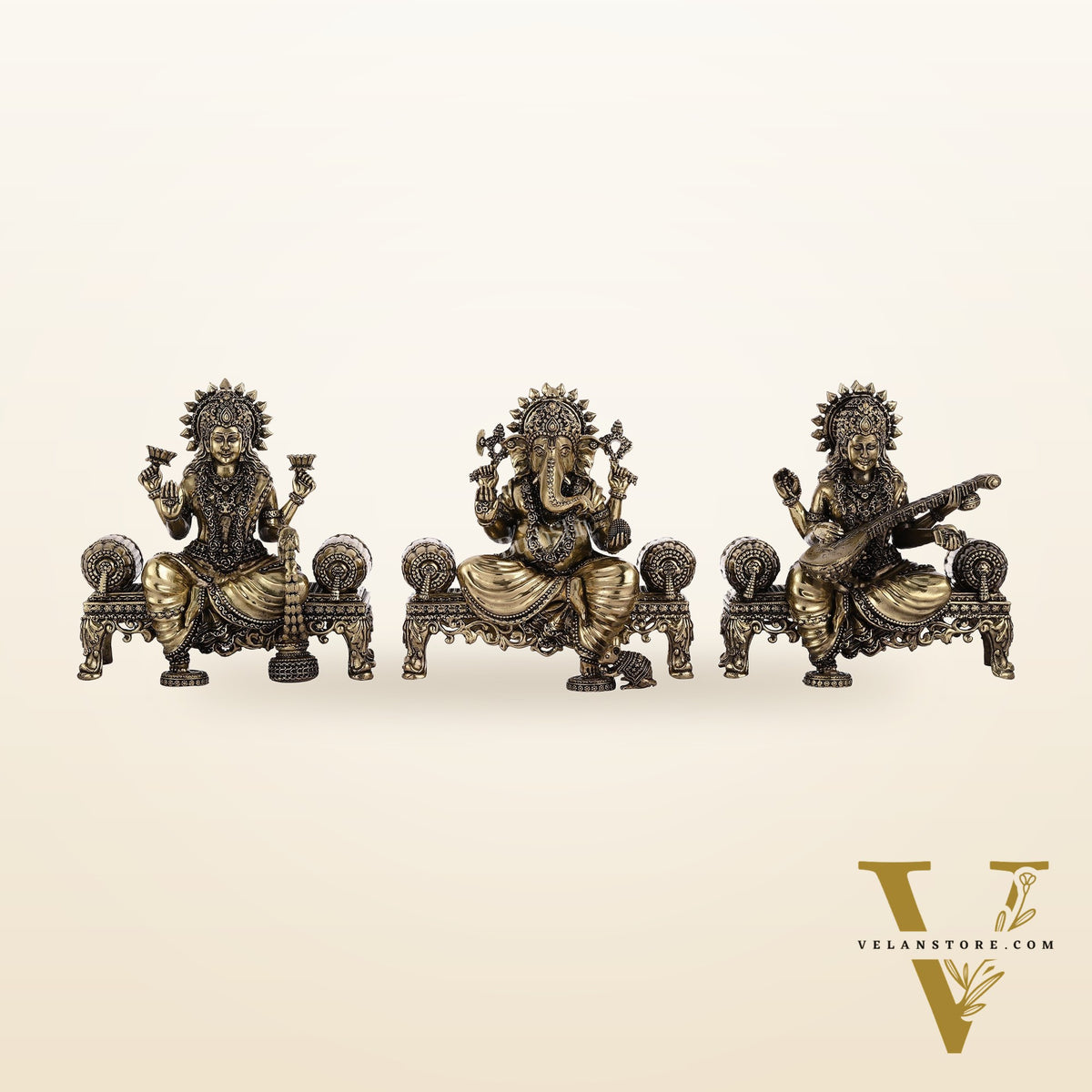 Brass Superfine Intricate Lightweight Idols - Ganesha, Saraswati, Lakshmi | 5.5"
