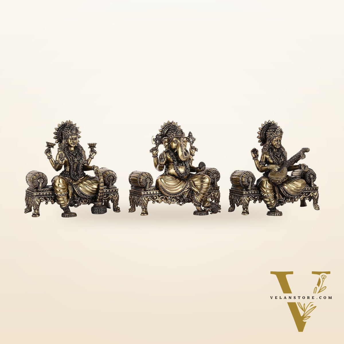 Brass Superfine Intricate Lightweight Idols - Ganesha, Saraswati, Lakshmi | 5.5"