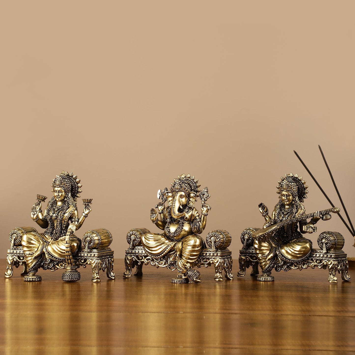 Brass Superfine Intricate Lightweight Idols - Ganesha, Saraswati, Lakshmi | 5.5"