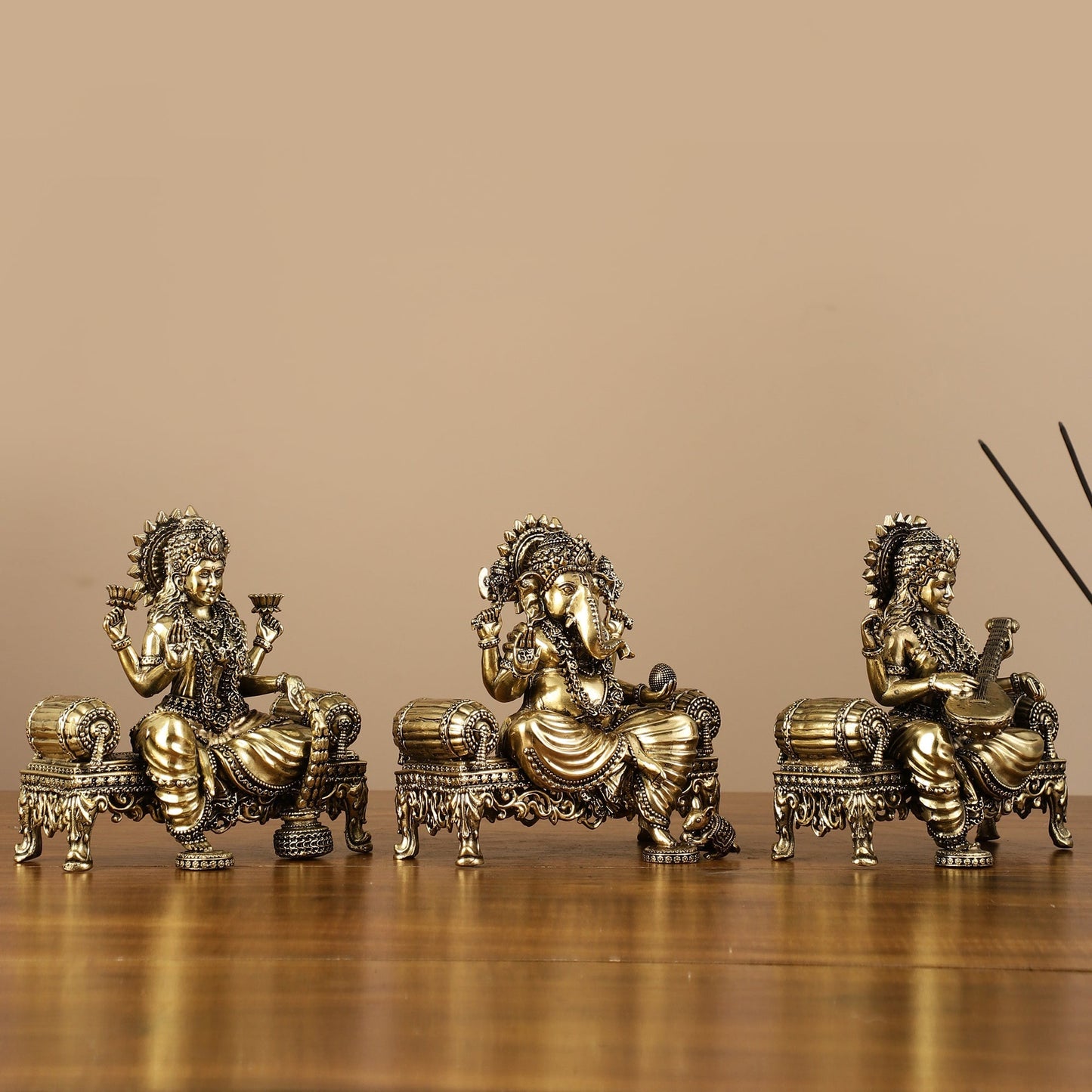 Brass Superfine Intricate Lightweight Idols - Ganesha, Saraswati, Lakshmi | 5.5"