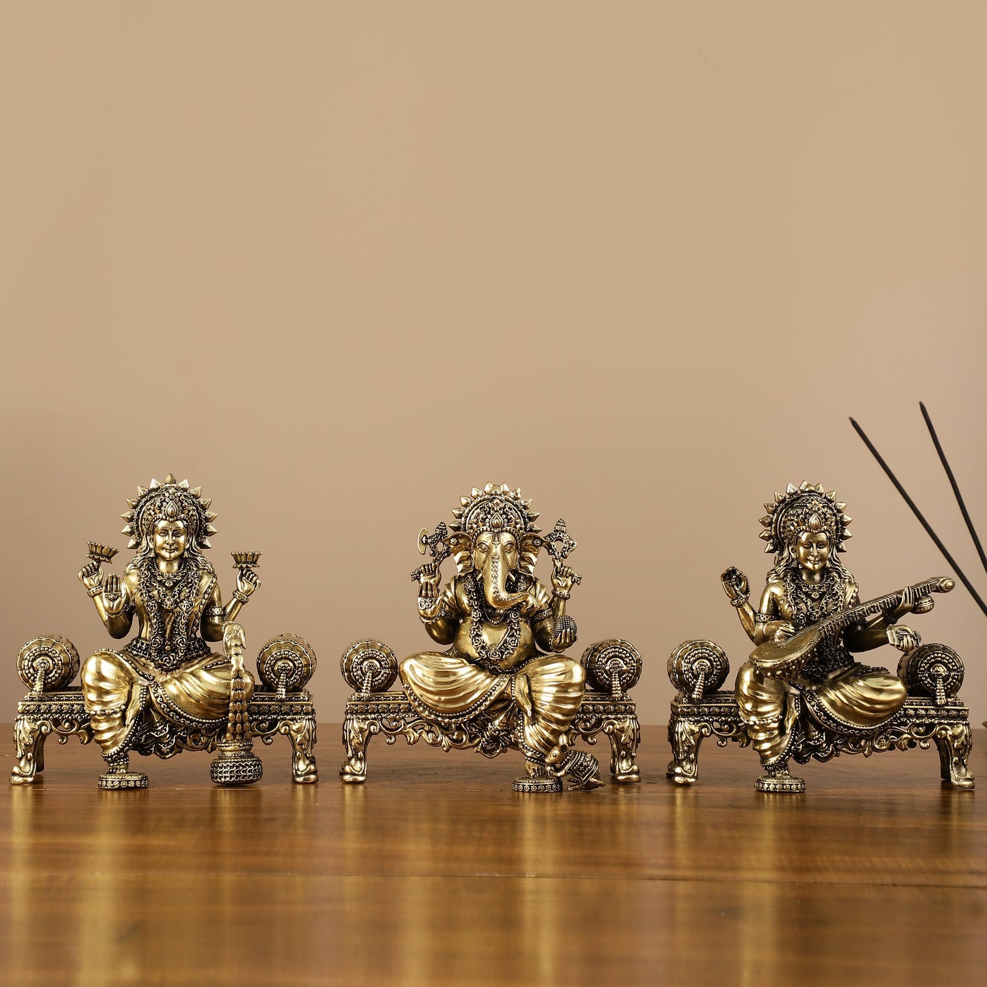 Brass Superfine Intricate Lightweight Idols - Ganesha, Saraswati, Lakshmi | 5.5"