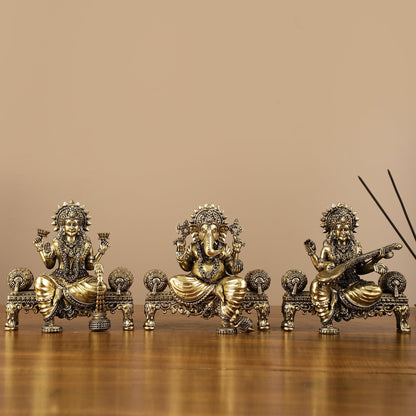 Brass Superfine Intricate Lightweight Idols - Ganesha, Saraswati, Lakshmi | 5.5"