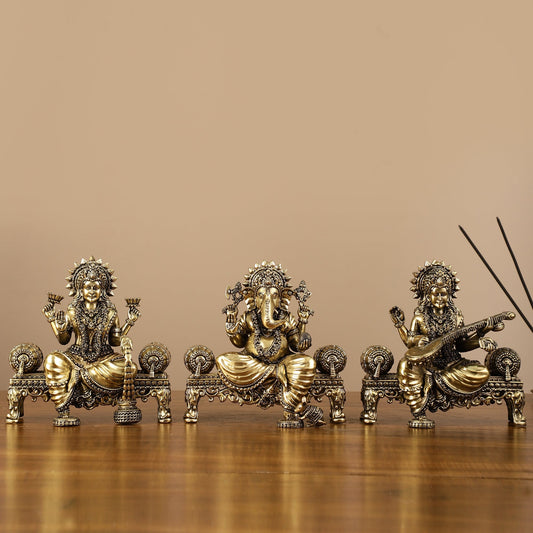 Brass Superfine Intricate Lightweight Idols - Ganesha, Saraswati, Lakshmi | 5.5"