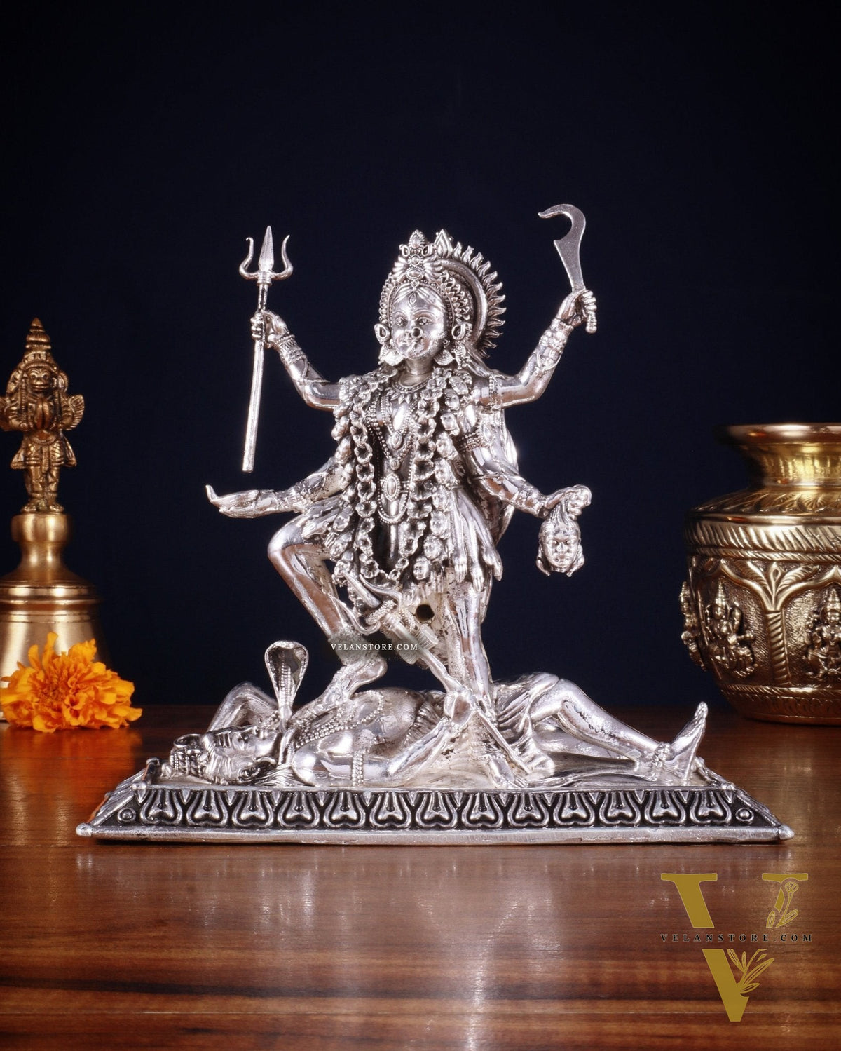 Brass Superfine Intricate Mahakali Idol | 6.5" silver plated
