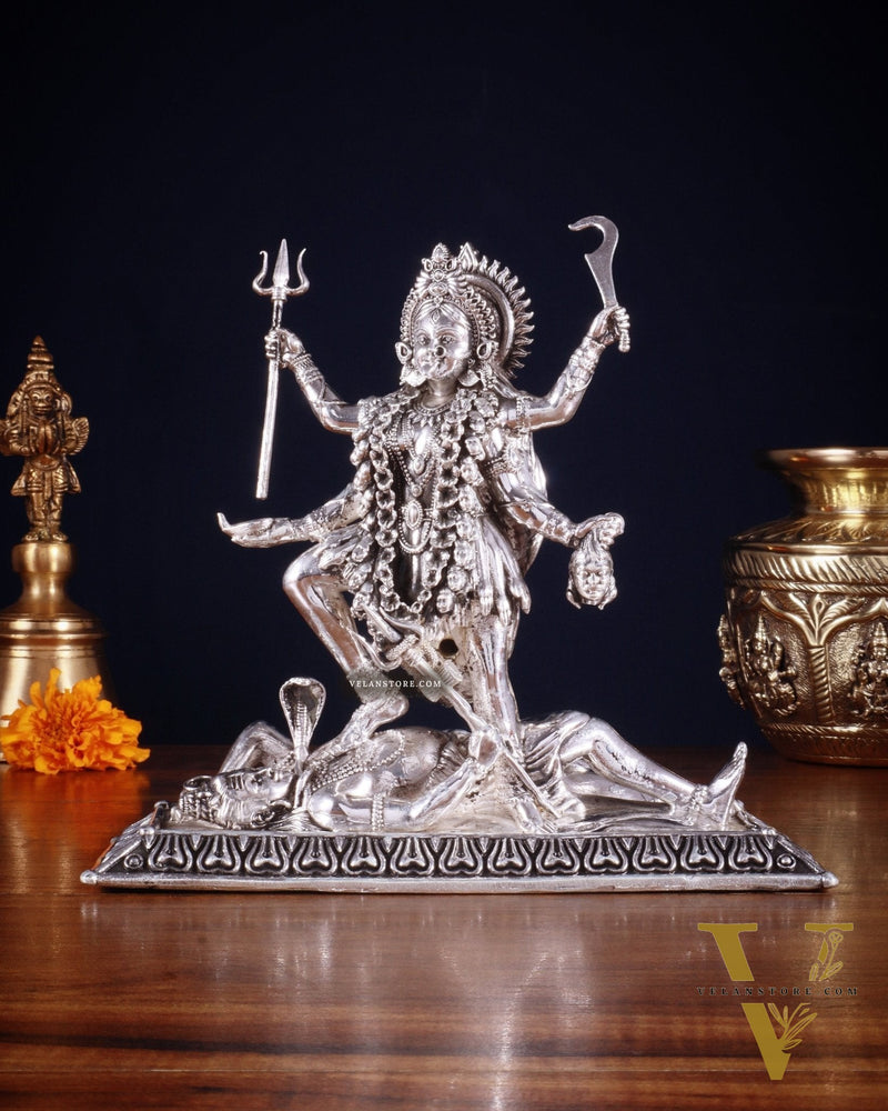 Brass Superfine Intricate Mahakali Idol | 6.5" silver plated
