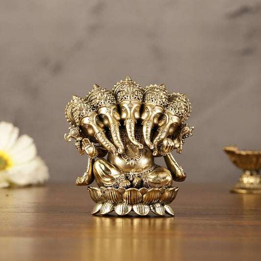 Brass Superfine Intricate Panchmukhi Ganesha Idol - 3.5"