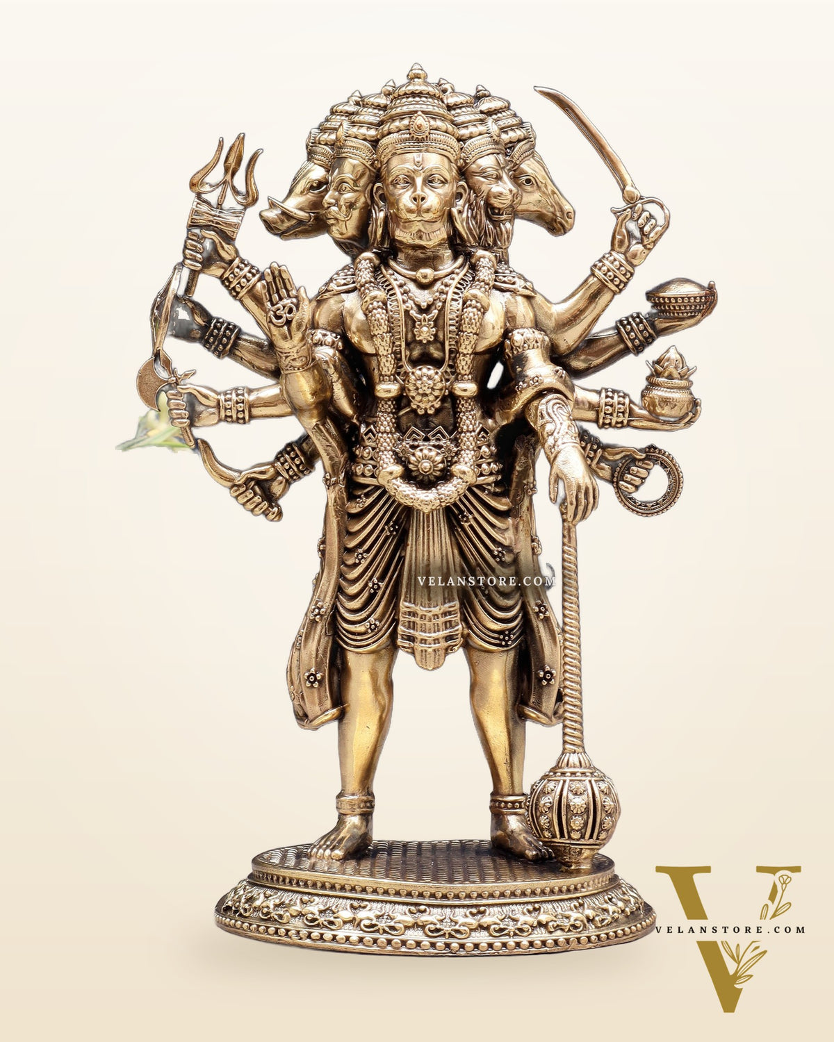 Brass Superfine Intricate Standing Panchmukhi Hanuman Idol 8"