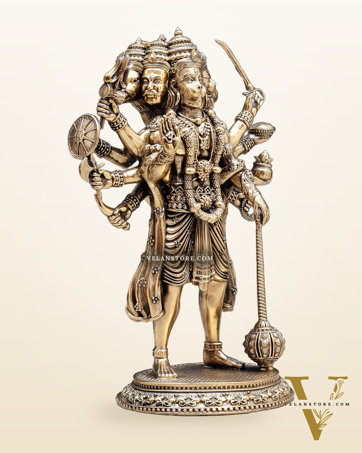 Brass Superfine Intricate Standing Panchmukhi Hanuman Idol 8"