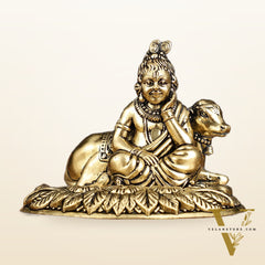 Brass Superfine Intricately Carved Bal Gopal Shri Krishna with Cow Idol