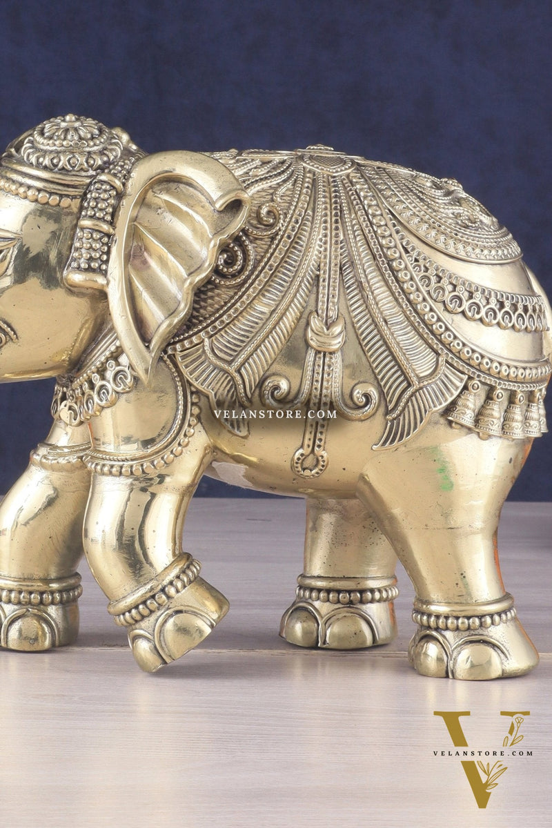 Brass Superfine Intricately Carved Elephant Statue 10" wide