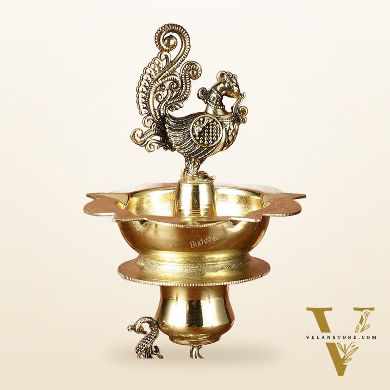 Brass Superfine Intricately Carved Jumping Elephant Peacock Lamp - 9" Tall
