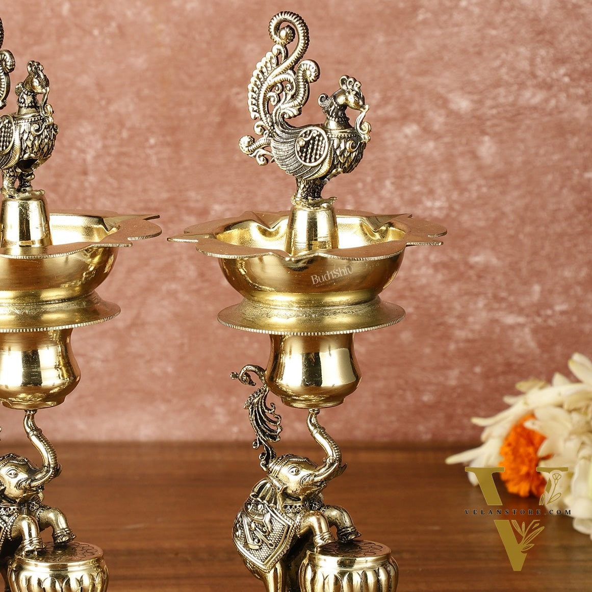 Brass Superfine Intricately Carved Jumping Elephant Peacock Lamp - 9" Tall