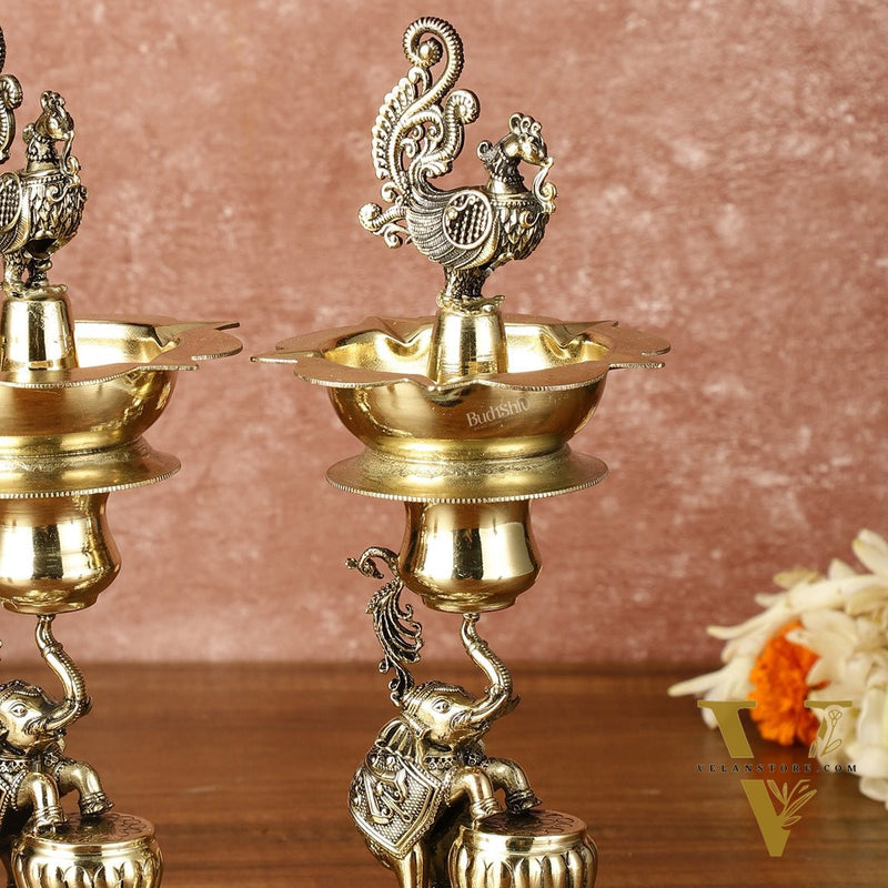 Brass Superfine Intricately Carved Jumping Elephant Peacock Lamp - 9" Tall
