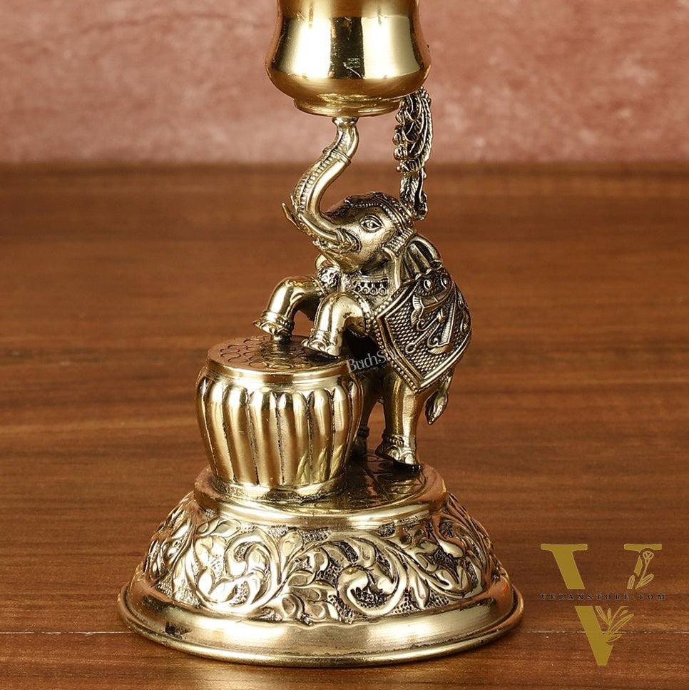 Brass Superfine Intricately Carved Jumping Elephant Peacock Lamp - 9" Tall