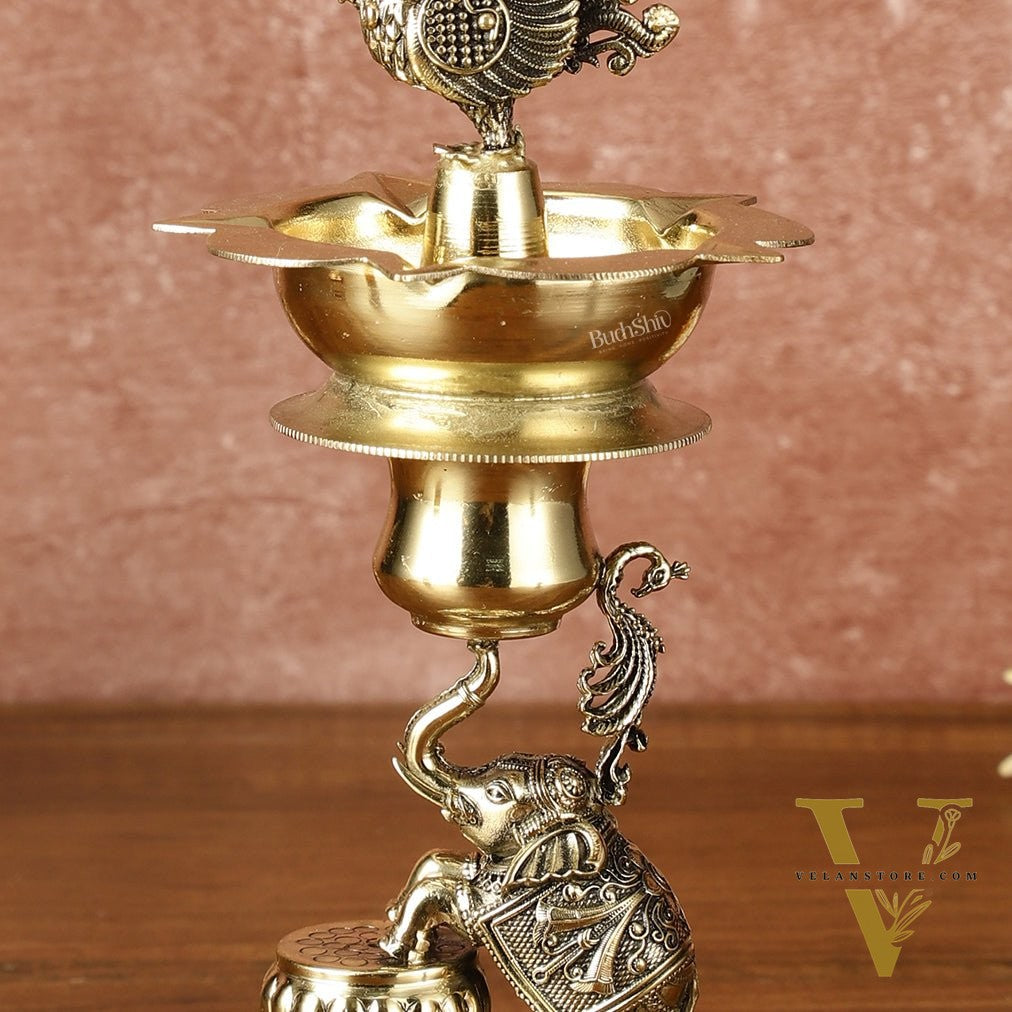 Brass Superfine Intricately Carved Jumping Elephant Peacock Lamp - 9" Tall