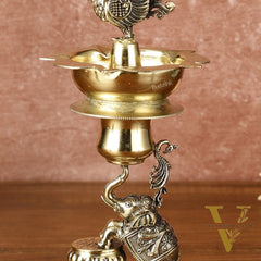 Brass Superfine Intricately Carved Jumping Elephant Peacock Lamp - 9" Tall