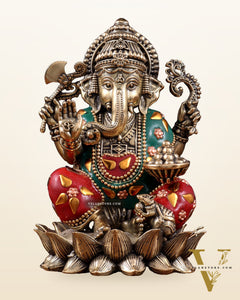 Brass Superfine Intricately Carved Small Right trunk Ganesha Idol with meenakari Stonework - 5" Tall