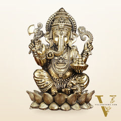 Brass Superfine Intricately Carved Small Right trunk Ganesha Idol - 5" Tall