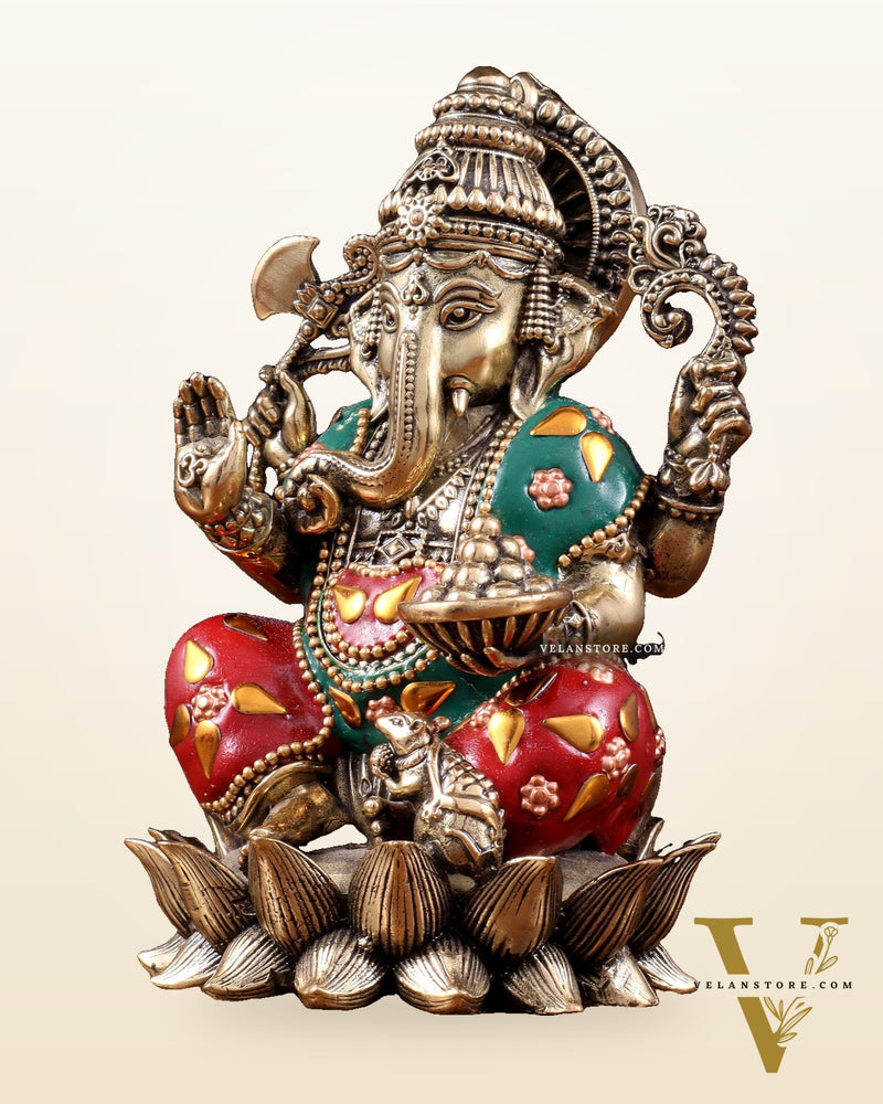 Brass Superfine Intricately Carved Small Right trunk Ganesha Idol with meenakari Stonework - 5" Tall